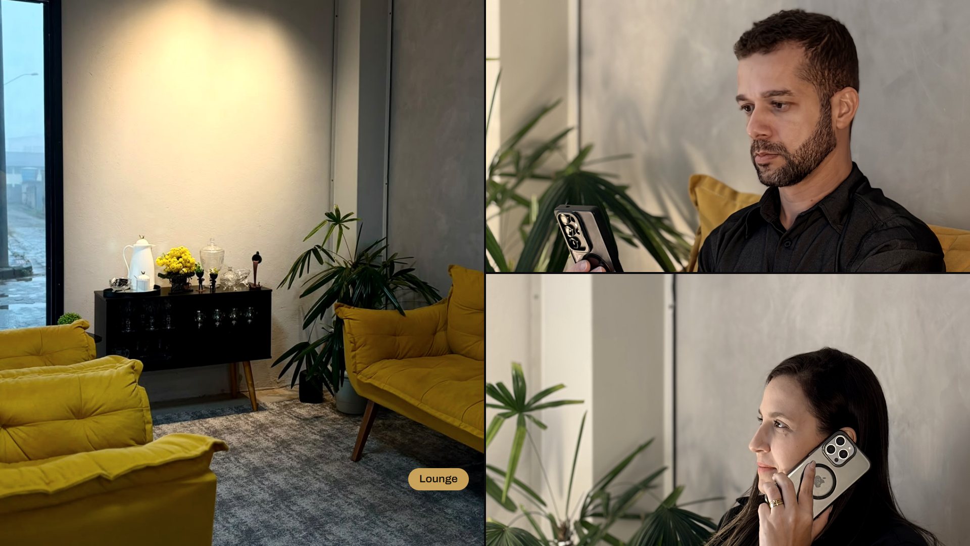 O lounge da QP3, com sofás amarelos, e os fundadores atendendo ao telefone